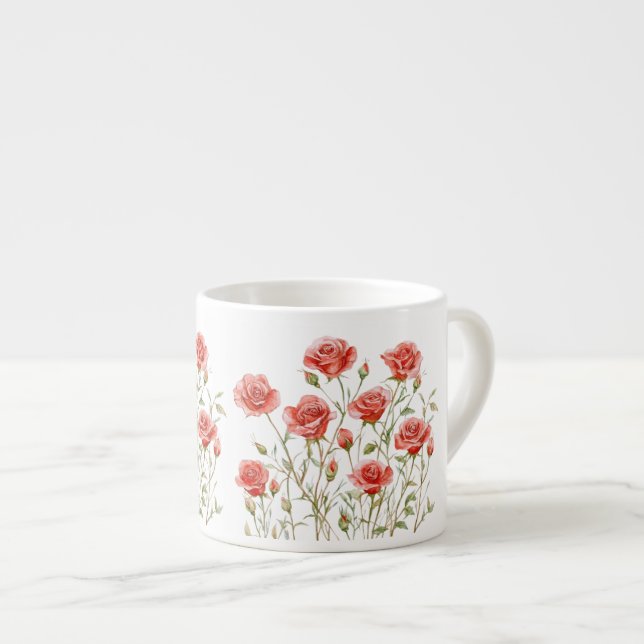 Tasse Expresso Rose Pâle Roses Rouges Romantiques Fête de Mariage (Devant droit)