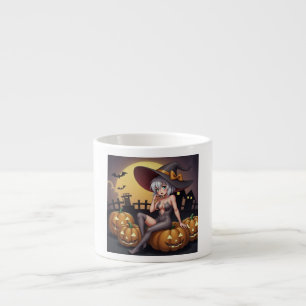 Tasse Expresso Sorcière d'Halloween aux Yeux Verts sur des Citrou
