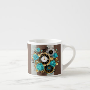 Tasse Expresso Steampunk Clock and Turquoise Roses on Striped