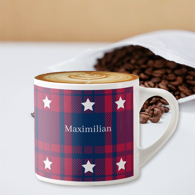 Tasse Expresso Tartan - Patriotique - Bleu Rouge Étoiles Blanches (Tartan - Patriotic - Red Blue White Stars Espresso Cup by Leapfroglisics Shop)