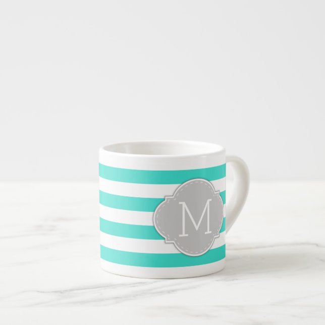 Tasse Expresso Turquoise moderne et rayures blanches avec (Devant droit)