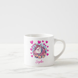 Tasse Expresso Unicorne mignonne, Coeurs et Fleurs roses, Nom per