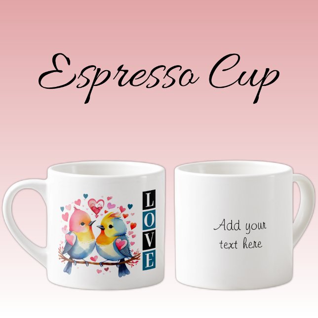 Tasse Expresso Valentine lovebirds custom text blue (Créateur téléchargé)