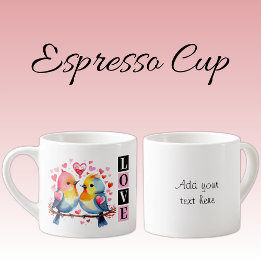 Tasse Expresso Valentine lovebirds custom text pink