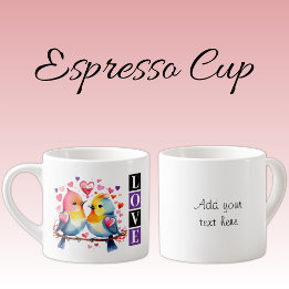 Tasse Expresso Valentine lovebirds custom text purple