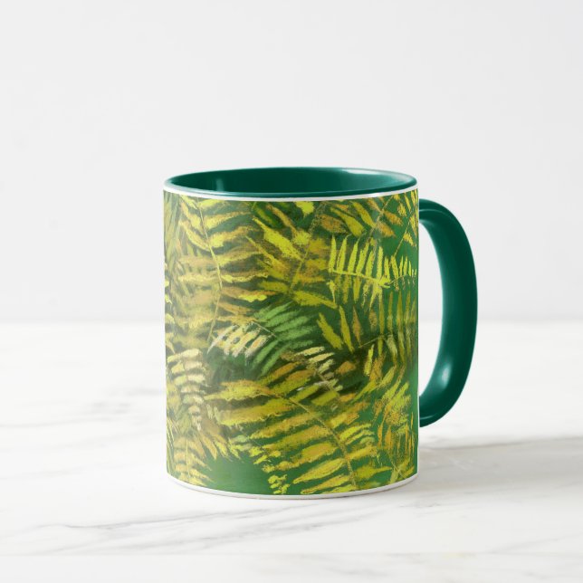 Tasse Ferne, frondes, fleuris, vert jaune doré vert (Devant droit)
