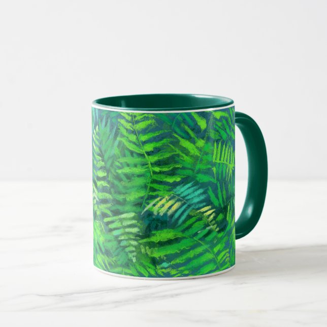 Tasse Feuilles de fougères, design floral, verdure, bleu (Devant droit)