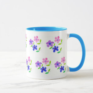 Tasse Floral moderne, rose, bleu, mauve, vert sur blanc