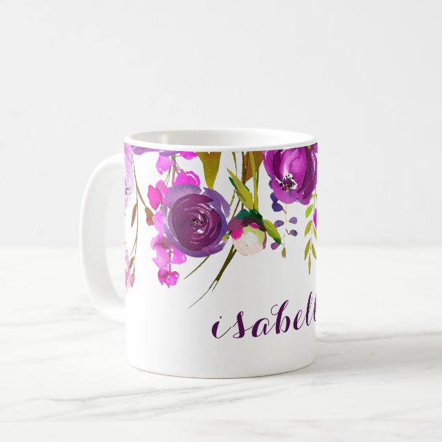 Tasse florale d'aquarelle assez pourpre (Devant gauche)