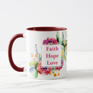 Tasse Fois Espoir Amour avec fleurs aquarelles