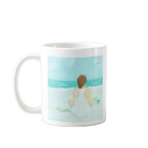 Tasse für Kaffee, Strand und Bücher