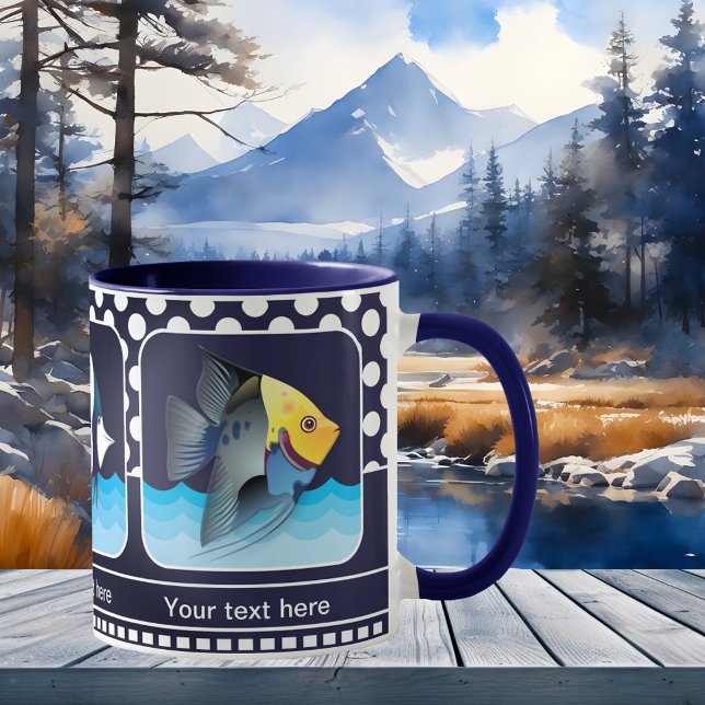 Tasse für klassisches blaues Foto (Navy blue mug featuring your own favorite photos framed by a retro polka dot design)