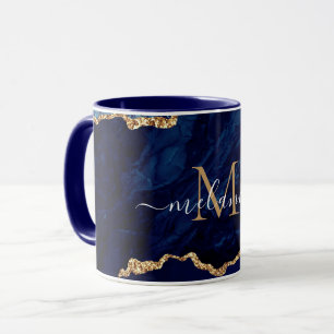 Tasse für Navy Blue Gold-Marmor-Buchstaben