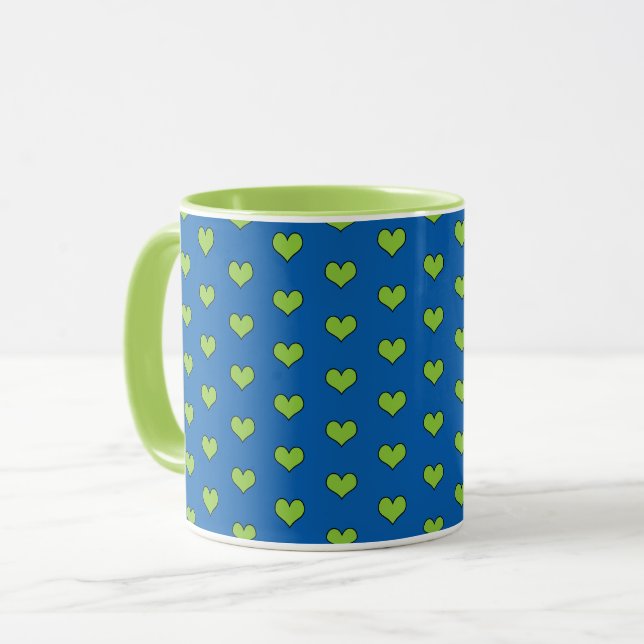 Tasse für niedliches blaues und grünes Herz (Vorderseite Links)