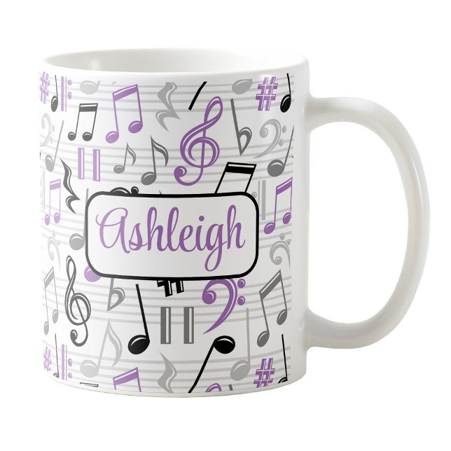 Tasse für personalisierte Lila Musik (Personalized Purple Music Pattern Mug at Amy's Coffee Mugs on Zazzle. )
