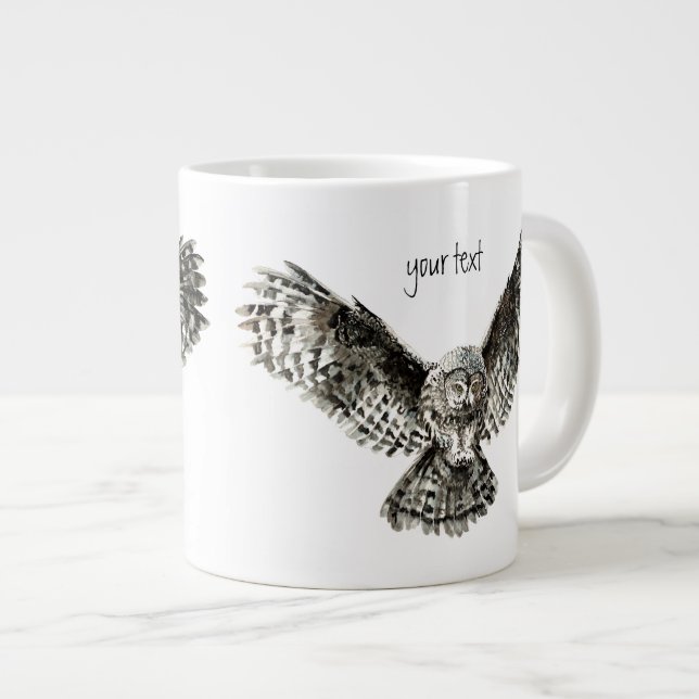 Tasse Géante Aquarelle Grande Chouette gris à Customiser (Devant droit)