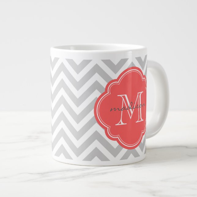 Tasse Géante Chevron gris et corail sur mesure Monogramme perso (Devant droit)