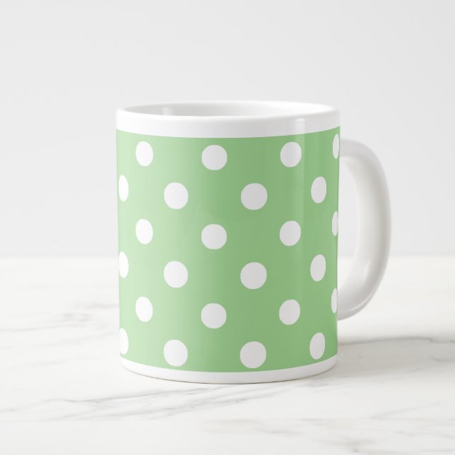 Tasse Géante Chic Jumbo Café Mug : Polkas blancs sur vert (Devant droit)