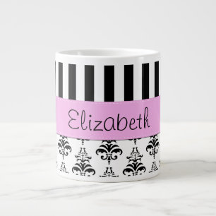 Tasse Géante Damas français, bandes, noir et blanc, Votre nom