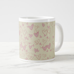 Tasse Géante Grand mug beige avec beaucoup de cœurs.