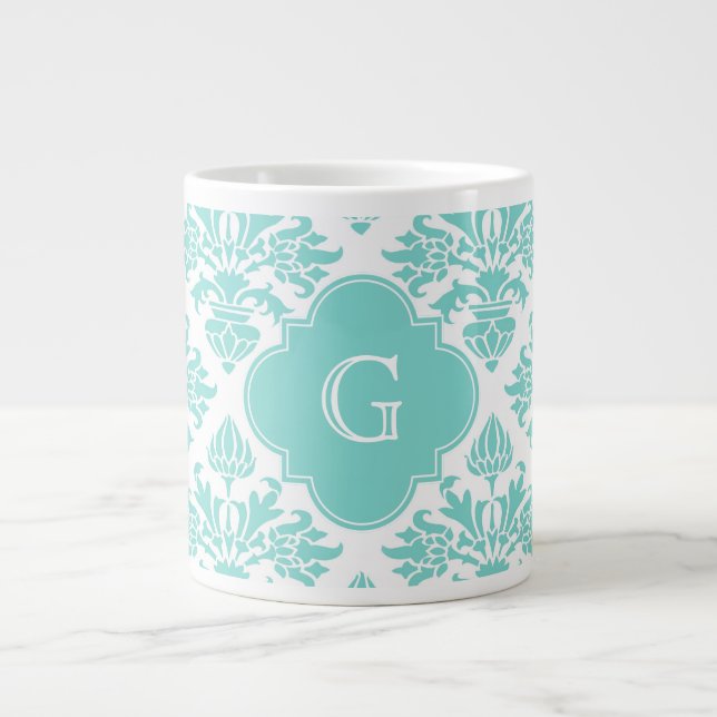 Tasse Géante Lg Aqua Floral Damask #3 Aqua Quatrefoil Monogramm (Devant)