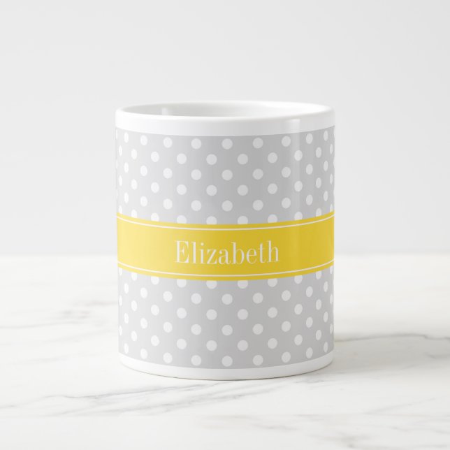 Tasse Géante Lt Grey White Pois Ananas Nom Monogramme (Devant)
