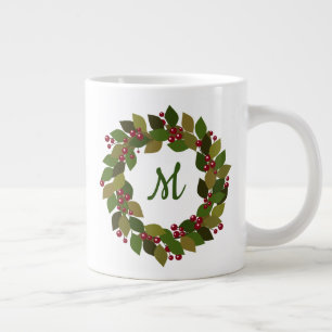 Tasse Géante Monogram Holiday Wreath   Berries et Feuilles
