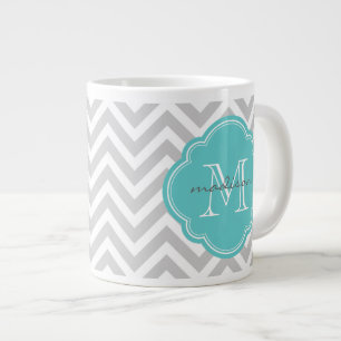 Tasse Géante Monogramme personnalisé Chevron gris et turquoise