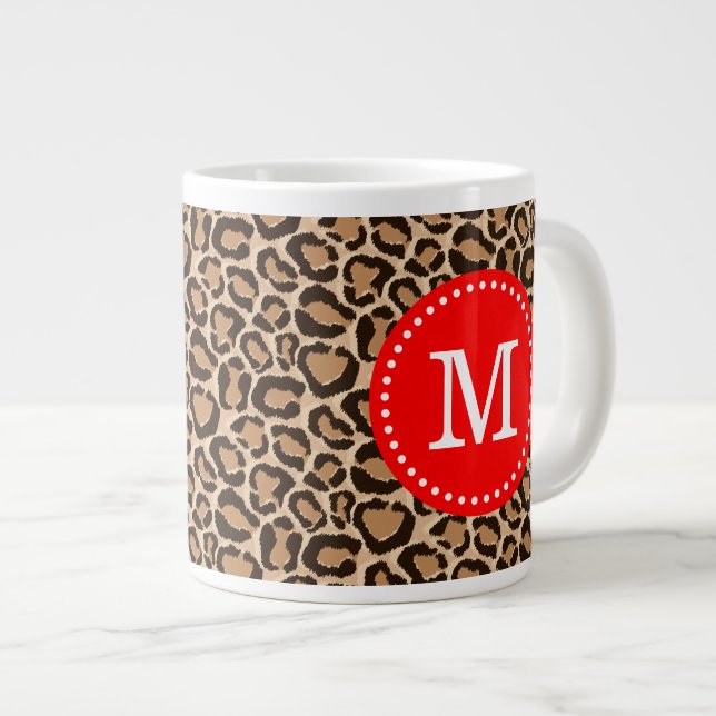 Tasse Géante Monogramme personnalisé rouge et Empreinte de léop (Devant droit)