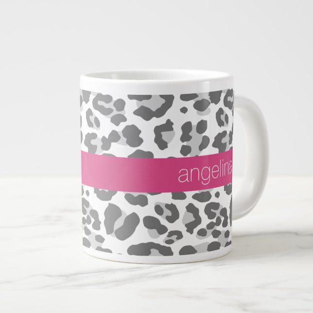 Tasse Géante Motif Empreinte de léopard gris avec nom rose (Devant droit)