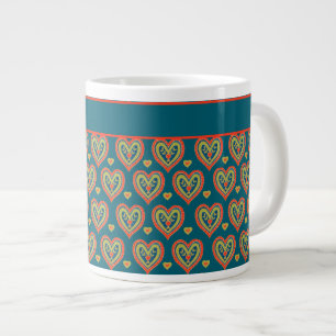 Tasse Géante Mug café Jumbo, Rouge, Coeurs verts sur Turquoise