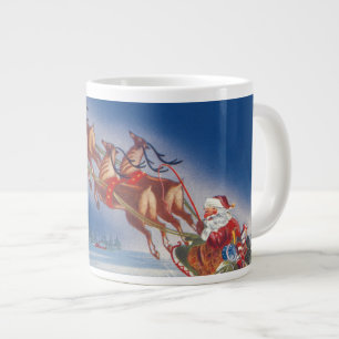Tasse Géante Noël vintage, Père Noël volant avec son traîneau e