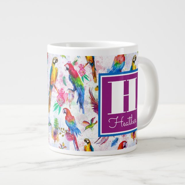 Tasse Géante Perroquets de style aquarelle| Ajouter votre nom (Devant droit)