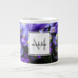 Tasse Géante Personnalisé floral, iris violet, ajouter nom/init