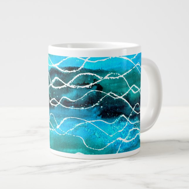 Tasse Géante Turquoise, Noir, Blanc 'Vagues' Jumbo Mug (Devant droit)