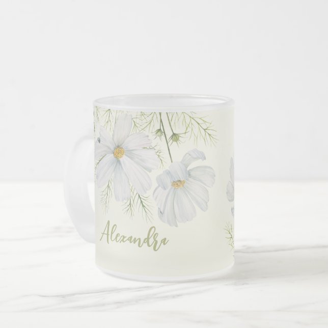 Tasse Givré Aquarelle Blanc Cosmos Fleurs Peinture Botanique (Devant gauche)