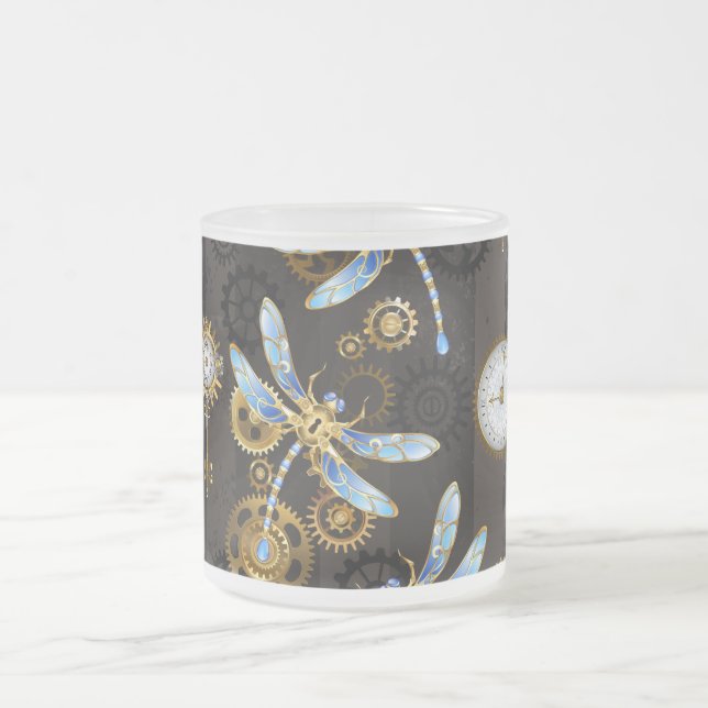 Tasse Givré Dragonflies de Steampunk sur arrière - plan rayé b (Centre)