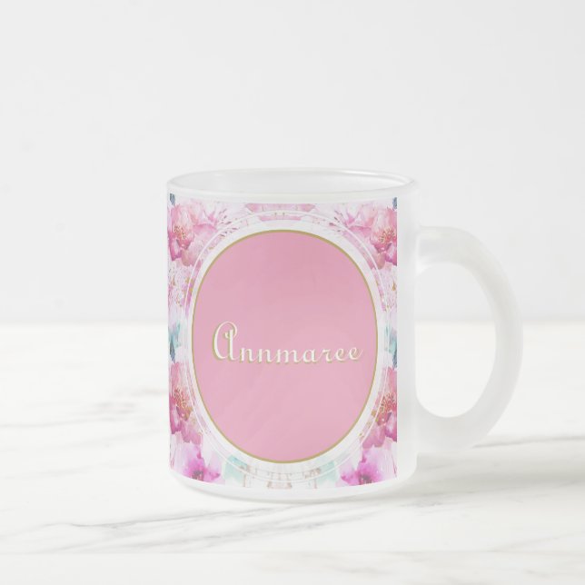 Tasse Givré Joli nom personnalisé Floral rose et or (Droit)
