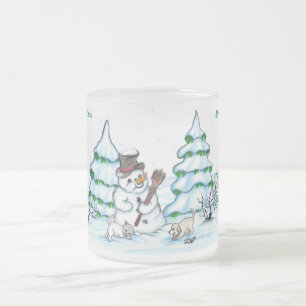 Tasse Givré Joyeux Noël ! Snowman avec chat et chiot