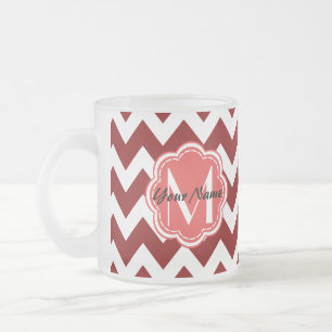 Tasse Givré Monogramme floral rouge Chevron, Nom personnalisé