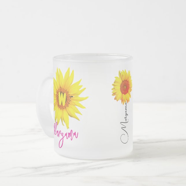 Tasse Givré Nom floral et monogramme | Tournesol personnalisé (Devant gauche)