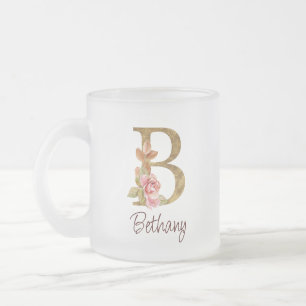 Tasse Givré Nom personnalisé Blush Rose Lettre B en or