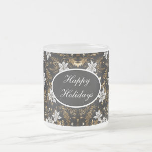 Tasse Givré Or, noir et blanc Poinsettia Joyeuses vacances