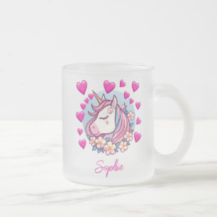 Tasse Givré Unicorne mignonne, Coeurs et Fleurs roses, Nom per