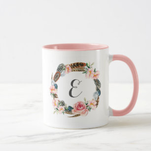 Tasse Guirlande florale d'aquarelle avec le monogramme