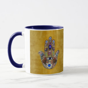 Tasse Hamsa Cœurs Fleurs Opale Art sur Or