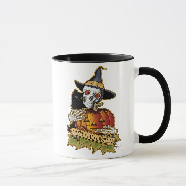 Tasse Happy Halloween Chat noir, Crâne et Citrouille (Droite)