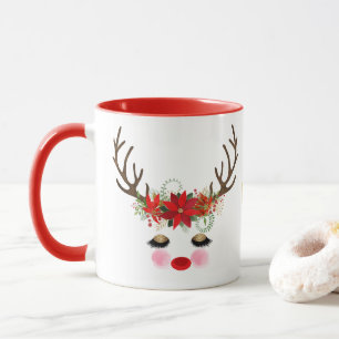 Tasse Joues Roses Yeux Dorés Reindeer Floral Fêtes