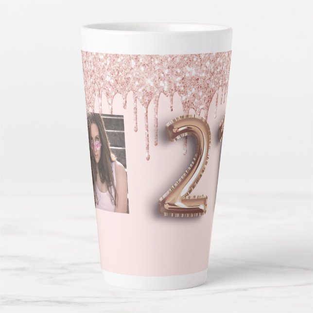 Tasse Latte 21e anniversaire rose or gouttes photo (Devant)