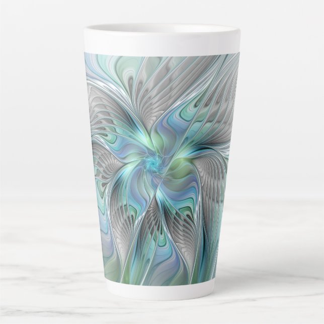 Tasse Latte Abstrait Bleu Vert Papillon Imaginaire Fractal Art (Devant)